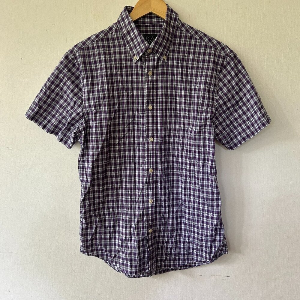 Jos A‎ Bank Traveler Shirt Mens Medium Blue Plaid Collared Short Sleeve Buttons